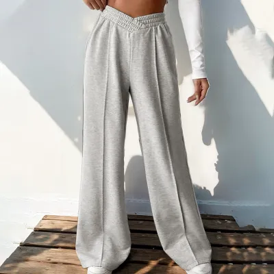 Women Fashion Casual Solid Color Elastic V-Shaped High Waist Wide Leg Pants