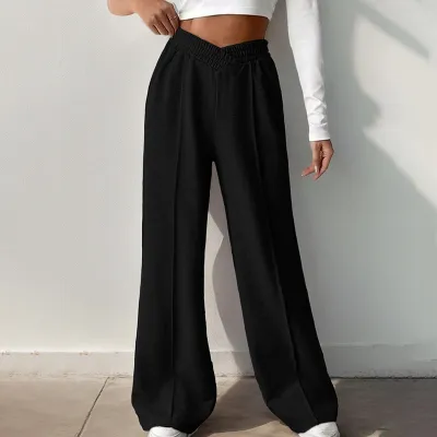 Women Fashion Casual Solid Color Elastic V-Shaped High Waist Wide Leg Pants
