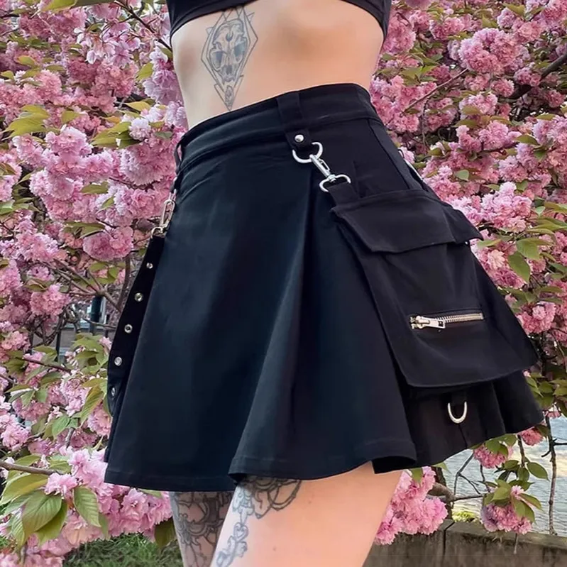 Women Fashion Punk Irregular Summer Solid Color High Waist Pleated Cargo Skirt