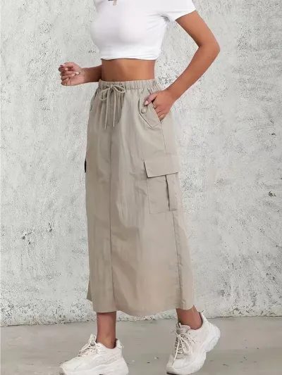 Women Fashion Casual Spring And Autumn Solid Color High Waist Split Cargo Skirt