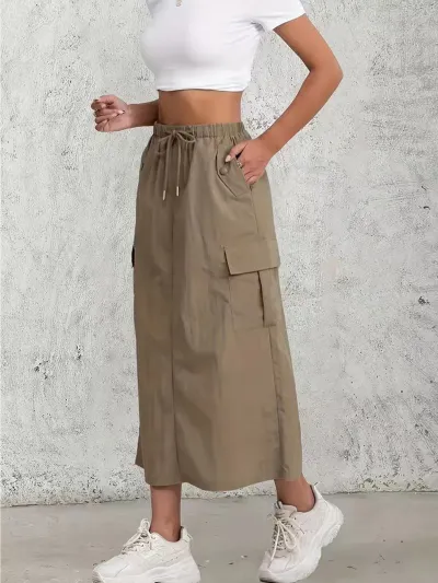 Women Fashion Casual Spring And Autumn Solid Color High Waist Split Cargo Skirt
