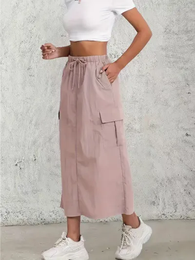 Women Fashion Casual Spring And Autumn Solid Color High Waist Split Cargo Skirt