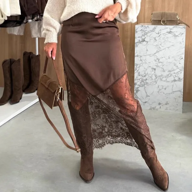 Women Fashion Sexy Irregular Summer Solid Color Satin Lace Stitching Hollow Skirt