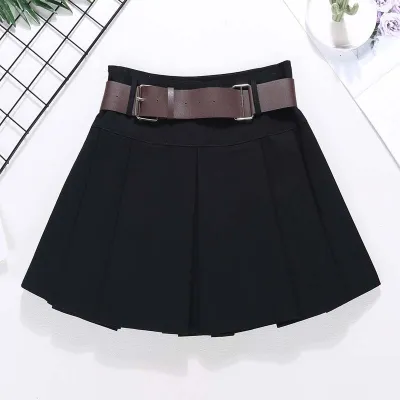 Women Fashion Retro Summer Solid Color High Waist Pleated Skirt