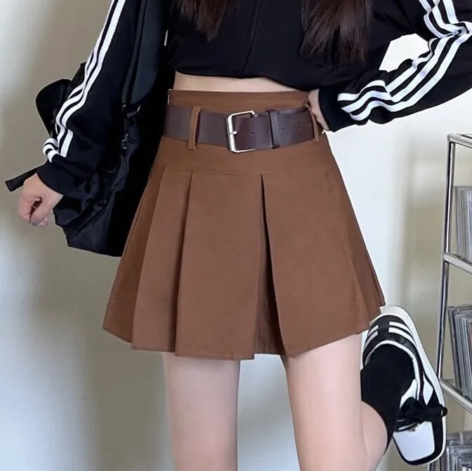 Women Fashion Retro Summer Solid Color High Waist Pleated Skirt