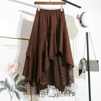 Women Fashion Retro Irregular Spring Summer Suede Lace Stitching Skirt