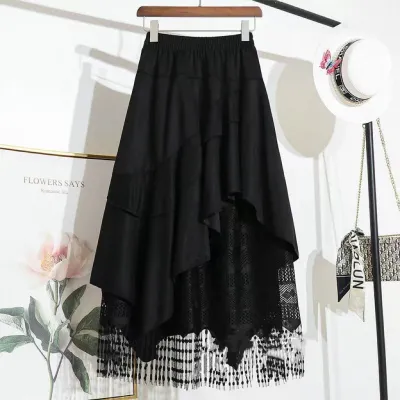 Women Fashion Retro Irregular Spring Summer Suede Lace Stitching Skirt