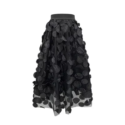 Women Fashion Casual Retro Solid Color Circular Splicing A- Line High Waist Mesh Skirt