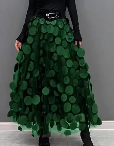 Women Fashion Casual Retro Solid Color Circular Splicing A- Line High Waist Mesh Skirt