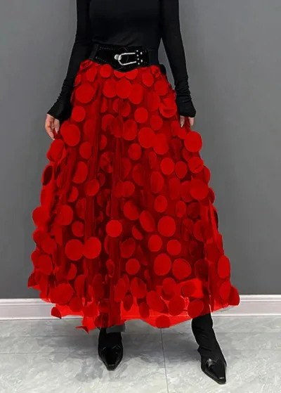 Women Fashion Casual Retro Solid Color Circular Splicing A- Line High Waist Mesh Skirt