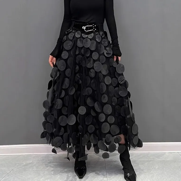 Women Fashion Casual Retro Solid Color Circular Splicing A- Line High Waist Mesh Skirt