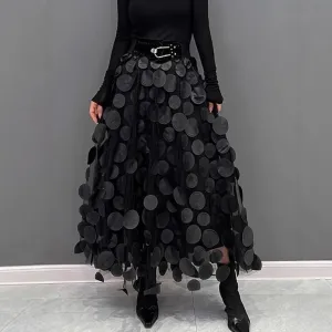 Women Fashion Casual Retro Solid Color Circular Splicing A- Line High Waist Mesh Skirt