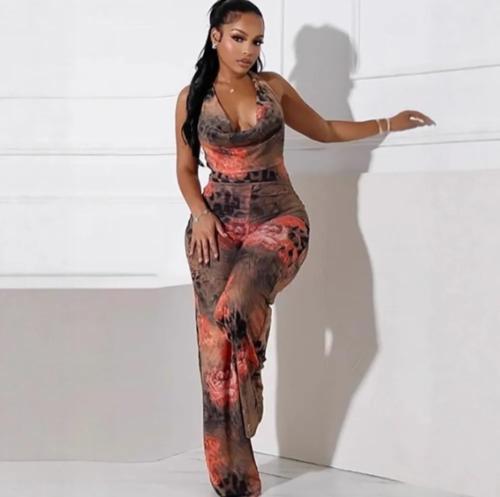 Women Sexy Leopard Print Sleeveless Cowl Neck Jumpsuit