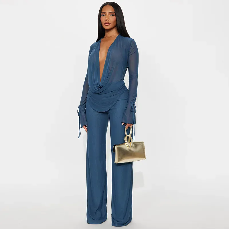 Women Sexy Solid Color Mesh Cowl Neck Long Sleeve Top And Pants Two-Piece Set