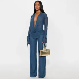 Women Sexy Solid Color Mesh Cowl Neck Long Sleeve Top And Pants Two-Piece Set