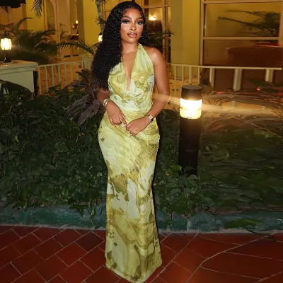 Women Fashion Sexy Printed Backless Cowl Neck Bodycon Maxi Dress