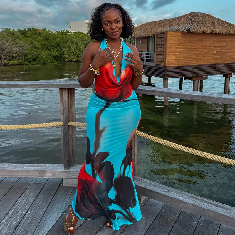 Summer Women Fashion Floral Print Cowl Neck Backless Maxi Dress