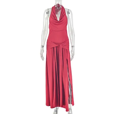 Women'S Sexy Solid Side Halter Cowl Neck Sleeveless Maxi Dress