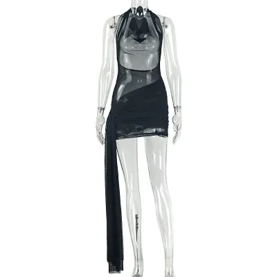 Women Sexy Solid Color Mesh Strap Sleeveless Cowl Neck Mini Dress