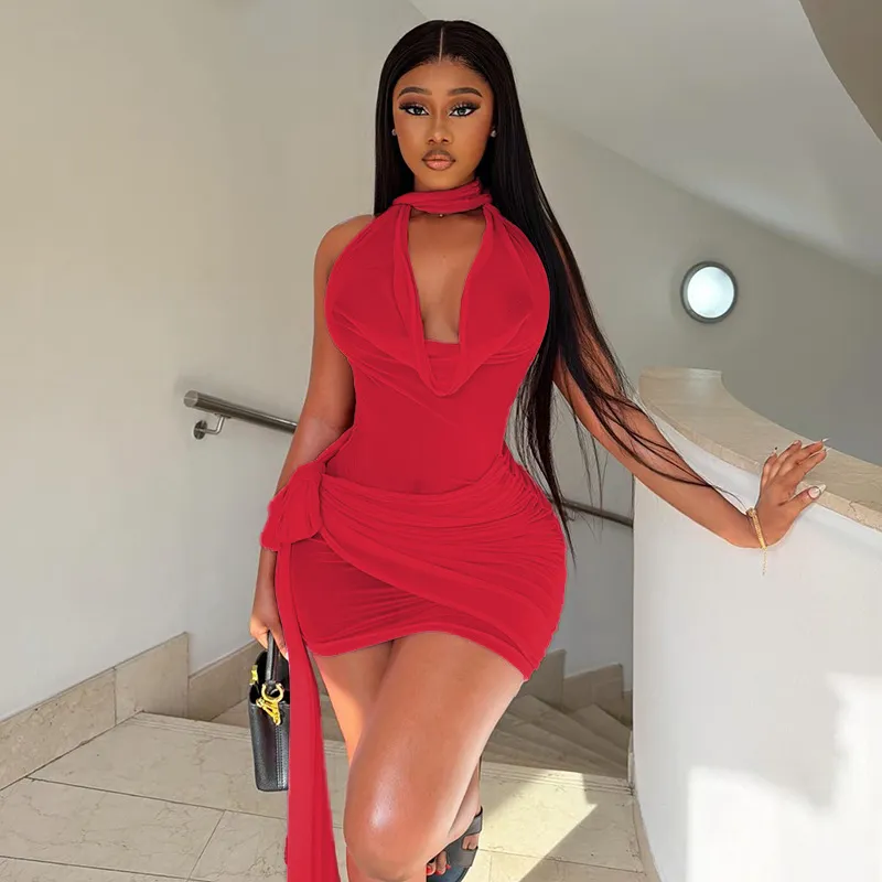 Women Sexy Solid Color Mesh Strap Sleeveless Cowl Neck Mini Dress