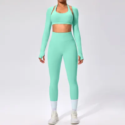 Women Fashion Casual Solid Color Halter-Neck Bra Long-Sleeve Cardigan Tight Pants Sports Yoga Three-Piece Set