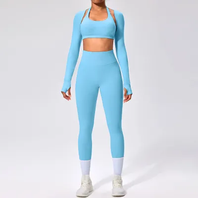 Women Fashion Casual Solid Color Halter-Neck Bra Long-Sleeve Cardigan Tight Pants Sports Yoga Three-Piece Set