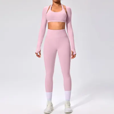 Women Fashion Casual Solid Color Halter-Neck Bra Long-Sleeve Cardigan Tight Pants Sports Yoga Three-Piece Set