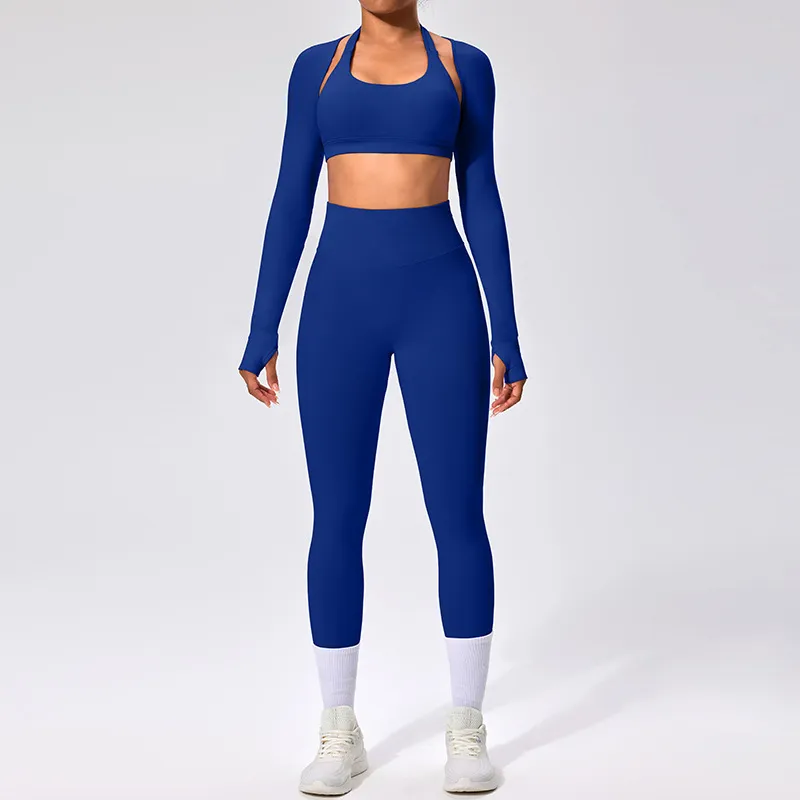 Women Fashion Casual Solid Color Halter-Neck Bra Long-Sleeve Cardigan Tight Pants Sports Yoga Three-Piece Set