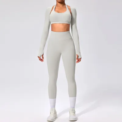 Women Fashion Casual Solid Color Halter-Neck Bra Long-Sleeve Cardigan Tight Pants Sports Yoga Three-Piece Set