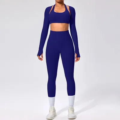 Women Fashion Casual Solid Color Halter-Neck Bra Long-Sleeve Cardigan Tight Pants Sports Yoga Three-Piece Set