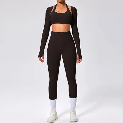 Women Fashion Casual Solid Color Halter-Neck Bra Long-Sleeve Cardigan Tight Pants Sports Yoga Three-Piece Set