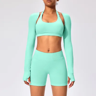 Women Fashion Casual Solid Color Halter-Neck Bra Long-Sleeve Cardigan Tight Shorts Sports Yoga Three-Piece Set