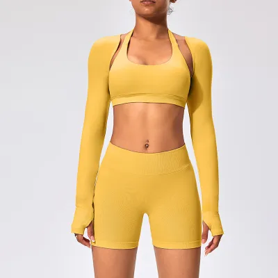 Women Fashion Casual Solid Color Halter-Neck Bra Long-Sleeve Cardigan Tight Shorts Sports Yoga Three-Piece Set