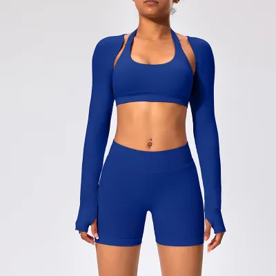Women Fashion Casual Solid Color Halter-Neck Bra Long-Sleeve Cardigan Tight Shorts Sports Yoga Three-Piece Set
