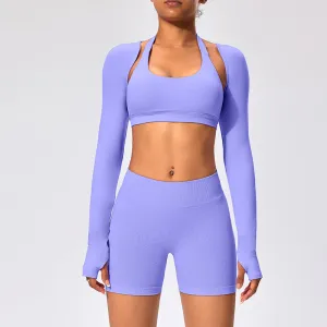 Women Fashion Casual Solid Color Halter-Neck Bra Long-Sleeve Cardigan Tight Shorts Sports Yoga Three-Piece Set
