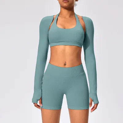 Women Fashion Casual Solid Color Halter-Neck Bra Long-Sleeve Cardigan Tight Shorts Sports Yoga Three-Piece Set