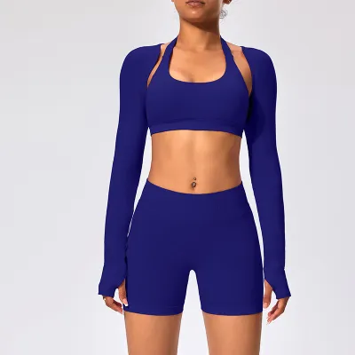 Women Fashion Casual Solid Color Halter-Neck Bra Long-Sleeve Cardigan Tight Shorts Sports Yoga Three-Piece Set