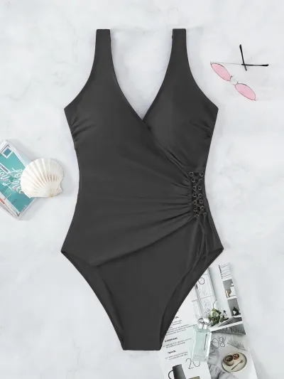 Women Fashion Casual Simple Solid Color One-Piece Swimsuit
