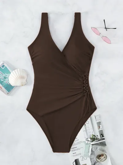 Women Fashion Casual Simple Solid Color One-Piece Swimsuit