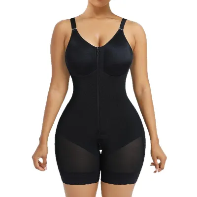 Women Fashion Solid Color Zipper Nylon Mesh Fabric Thick Bodysuit Shapewear