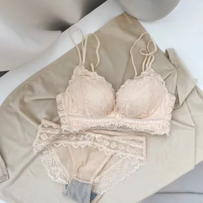 Women Fashion Sexy Basic Solid Color Lace Breathable Gather-Up Adjustable Bra Underwear Set