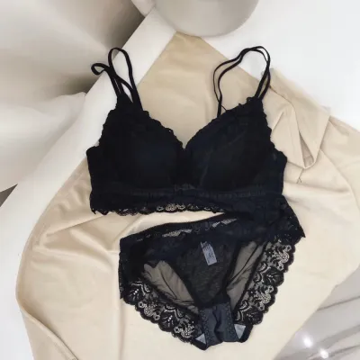 Women Fashion Sexy Basic Solid Color Lace Breathable Gather-Up Adjustable Bra Underwear Set