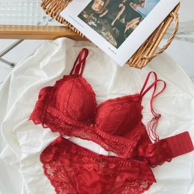 Women Fashion Sexy Basic Solid Color Lace Breathable Gather-Up Adjustable Bra Underwear Set