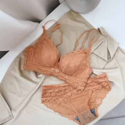 Women Fashion Sexy Basic Solid Color Lace Breathable Gather-Up Adjustable Bra Underwear Set