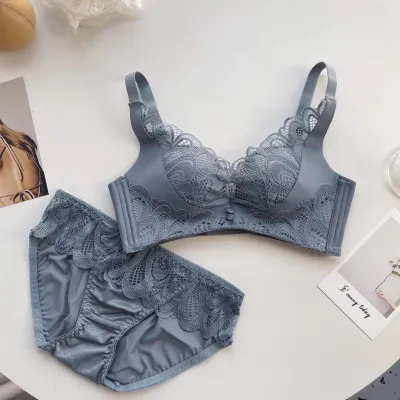 Women Fashion Sexy Basic Solid Color Lace Adjustable Bra Underwear Set
