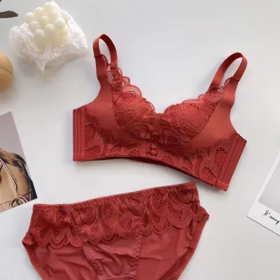 Women Fashion Sexy Basic Solid Color Lace Adjustable Bra Underwear Set
