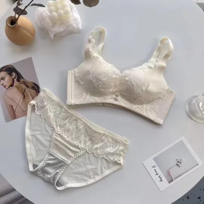 Women Fashion Sexy Basic Solid Color Lace Adjustable Bra Underwear Set