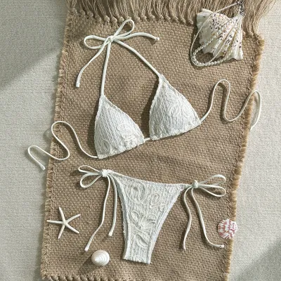 Women Fashion Sexy Flower Jacquard Halter-Neck Lace-Up Bikini Swimsuit