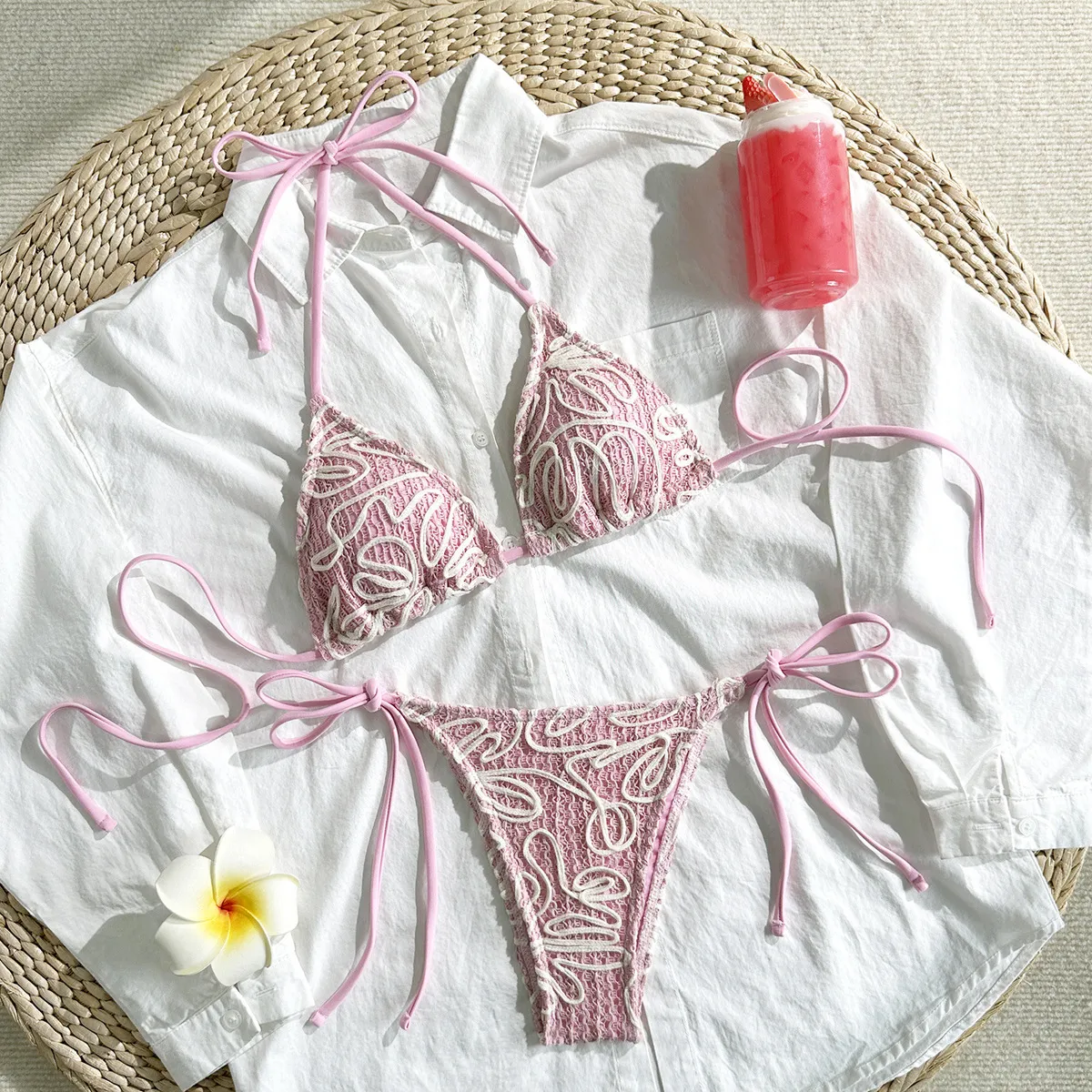 Women Fashion Sexy Flower Jacquard Halter-Neck Lace-Up Bikini Swimsuit