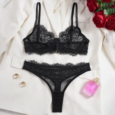 Women Fashion Sexy Basic Solid Color Lace Bra Underwear Set